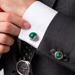 Vintage Swank Green Dome Cufflinks Mid Century Men’s Silver Tone